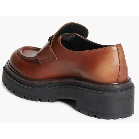 Prada Double Chocolate Cognac Brown Leather Platform Loafer Creeper Flat 38.5